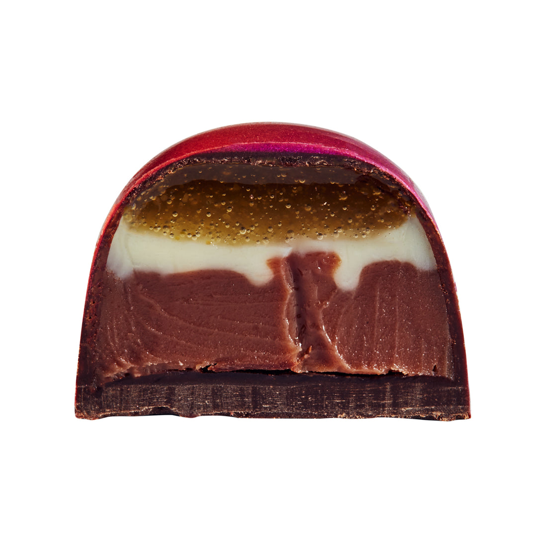 Half section view of a chocolate bonbon with a poached pear flavour.